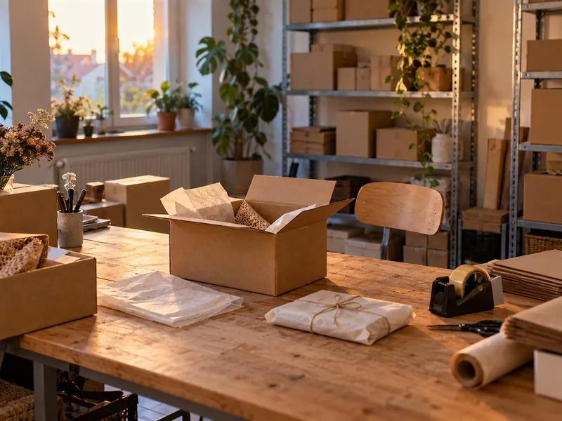 Packtisch eines kleinen Onlineshops mit Kartons
